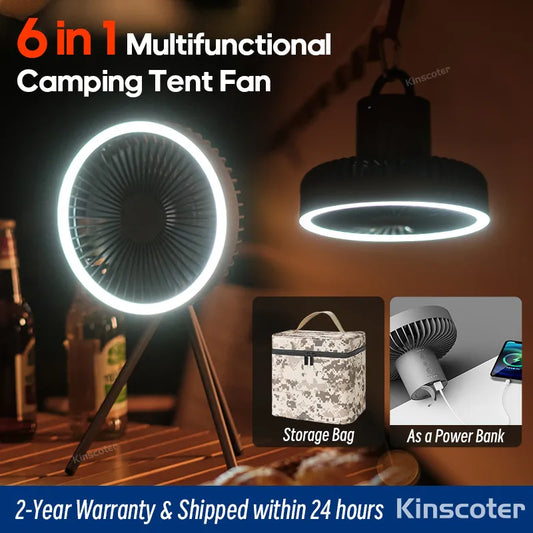 Camping Fan 10000mAh Rechargeable Desktop Portable Air Circulator Wireless with Power Bank LED Light Tripod