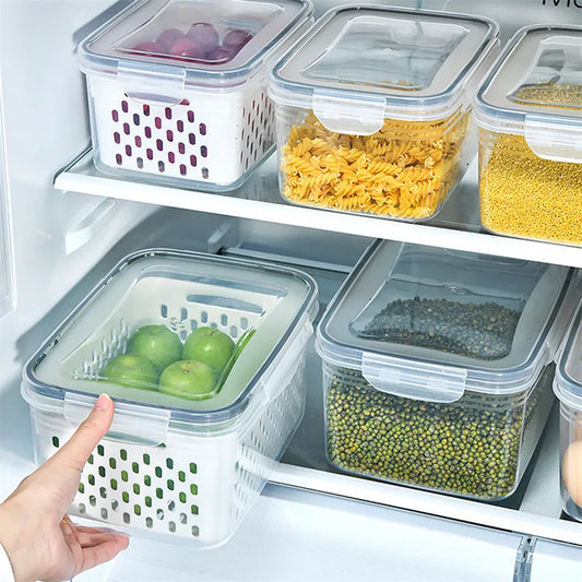 Refrigerator Storage Box Fridge Organizer for Fresh Vegetable & Fruit with Drain Basket Storage Containers