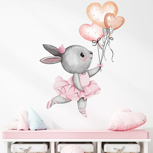 Cartoon Gray Ballet Rabbit with Heart Balloon Wall Decals