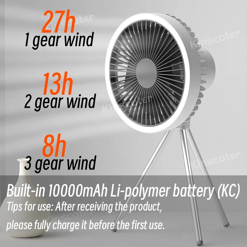 Camping Fan 10000mAh Rechargeable Desktop Portable Air Circulator Wireless with Power Bank LED Light Tripod