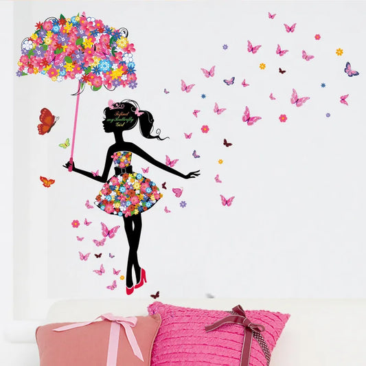 Cartoon Butterfly Fairy Floral Girl with Umbrella Wall Stickers