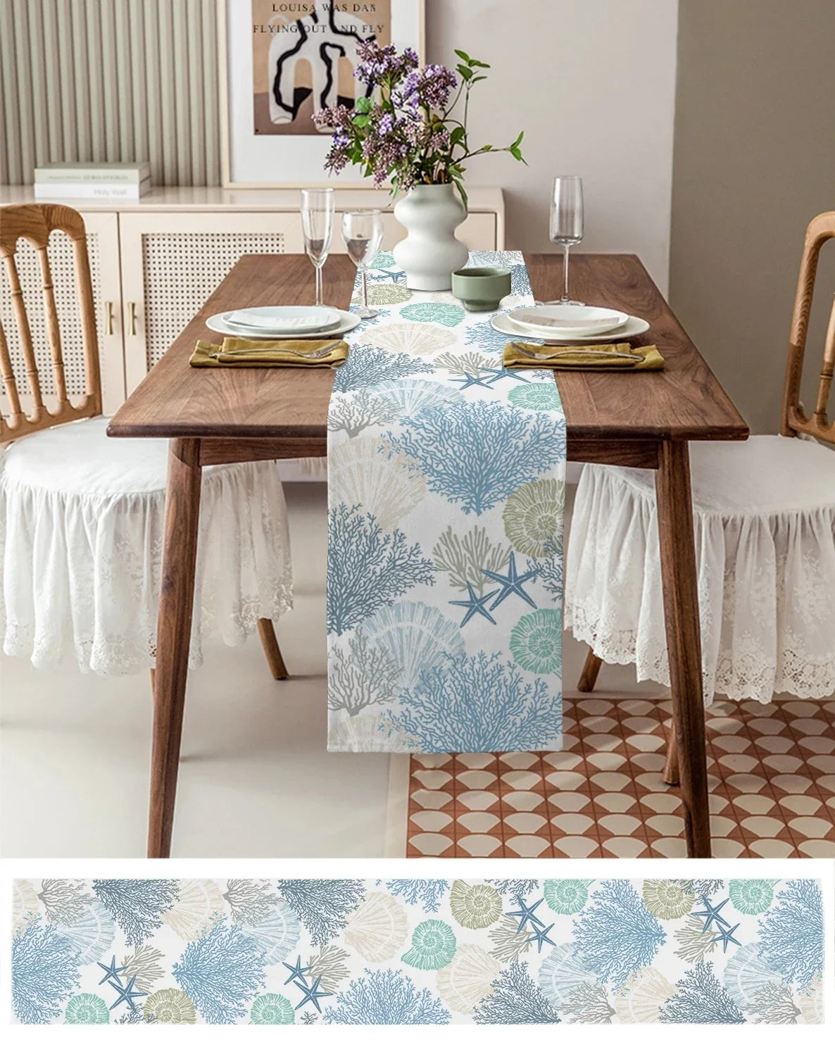 Blue Marine Coral Shells Starfish Linen Table Runner