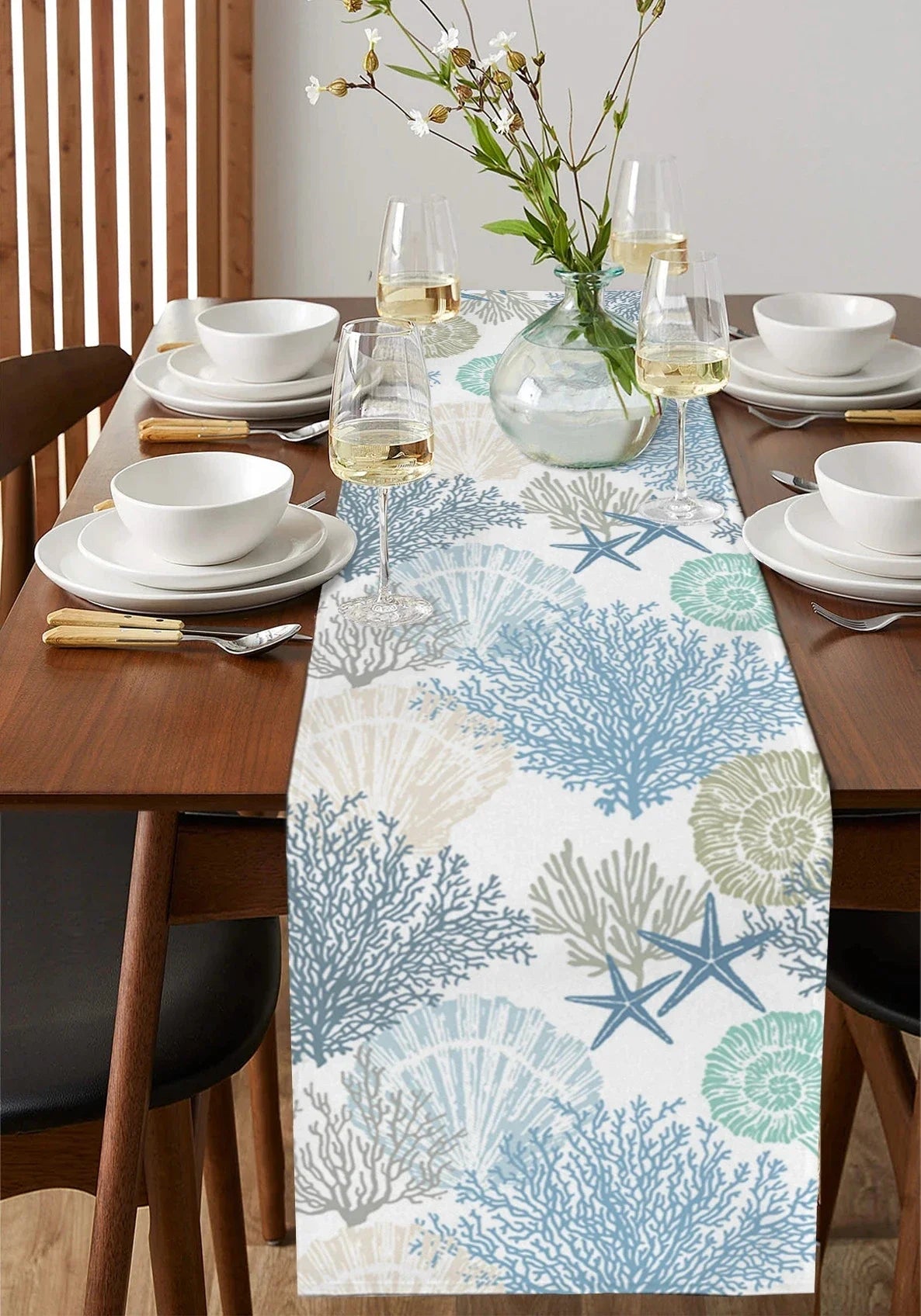 Blue Marine Coral Shells Starfish Linen Table Runner