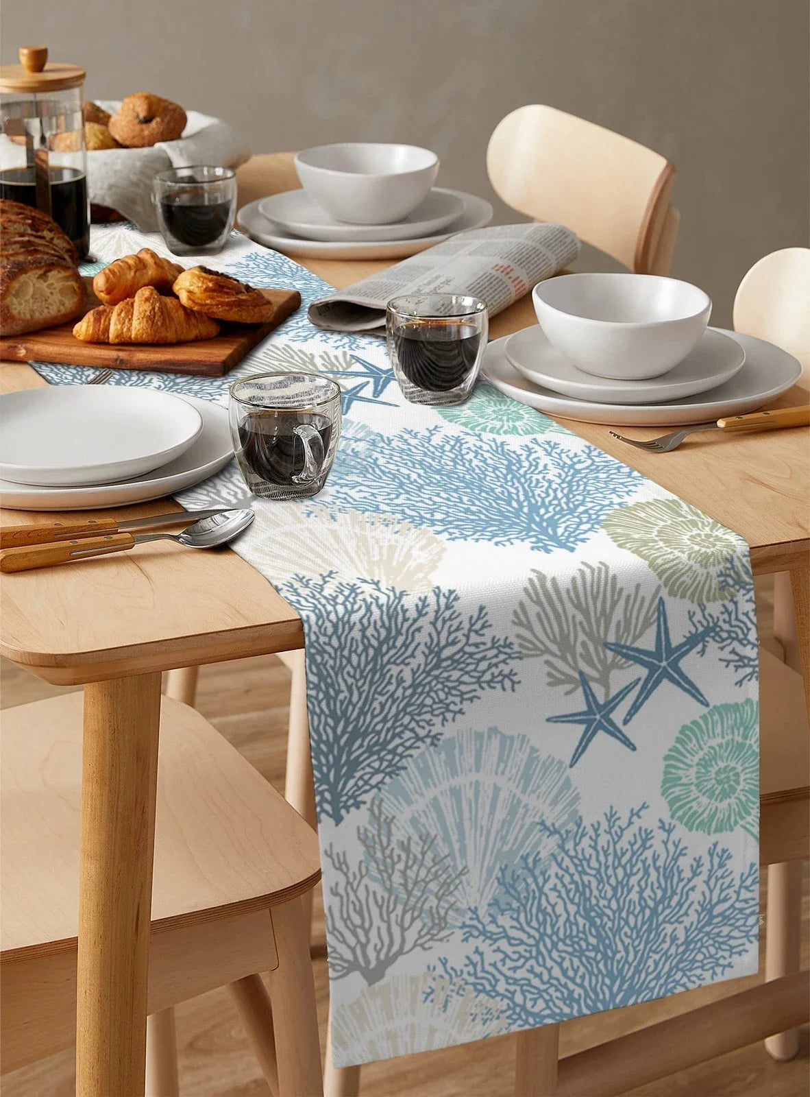 Blue Marine Coral Shells Starfish Linen Table Runner