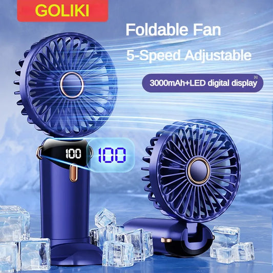 Handheld 3000mAh Mini Fan Foldable Portable Neck Hanging 5 Speed USB Rechargeable Fan with Phone Stand and Display Screen