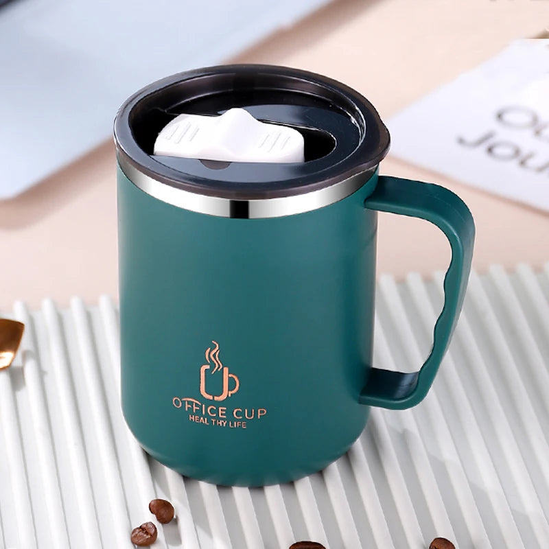 Stainless-Steel 500ml/17oz Double Layer Coffee Mug with Plastic Lid and Handle