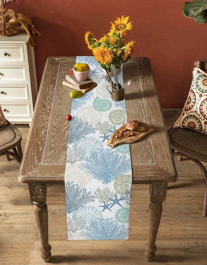 Blue Marine Coral Shells Starfish Linen Table Runner