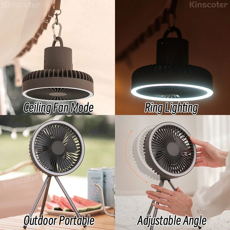 Camping Fan 10000mAh Rechargeable Desktop Portable Air Circulator Wireless with Power Bank LED Light Tripod