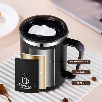 Stainless-Steel 500ml/17oz Double Layer Coffee Mug with Plastic Lid and Handle