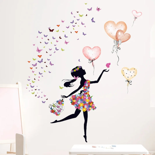 Beautiful Flower Girl with Butterfly Heart Shape Balloon Wall Stickers